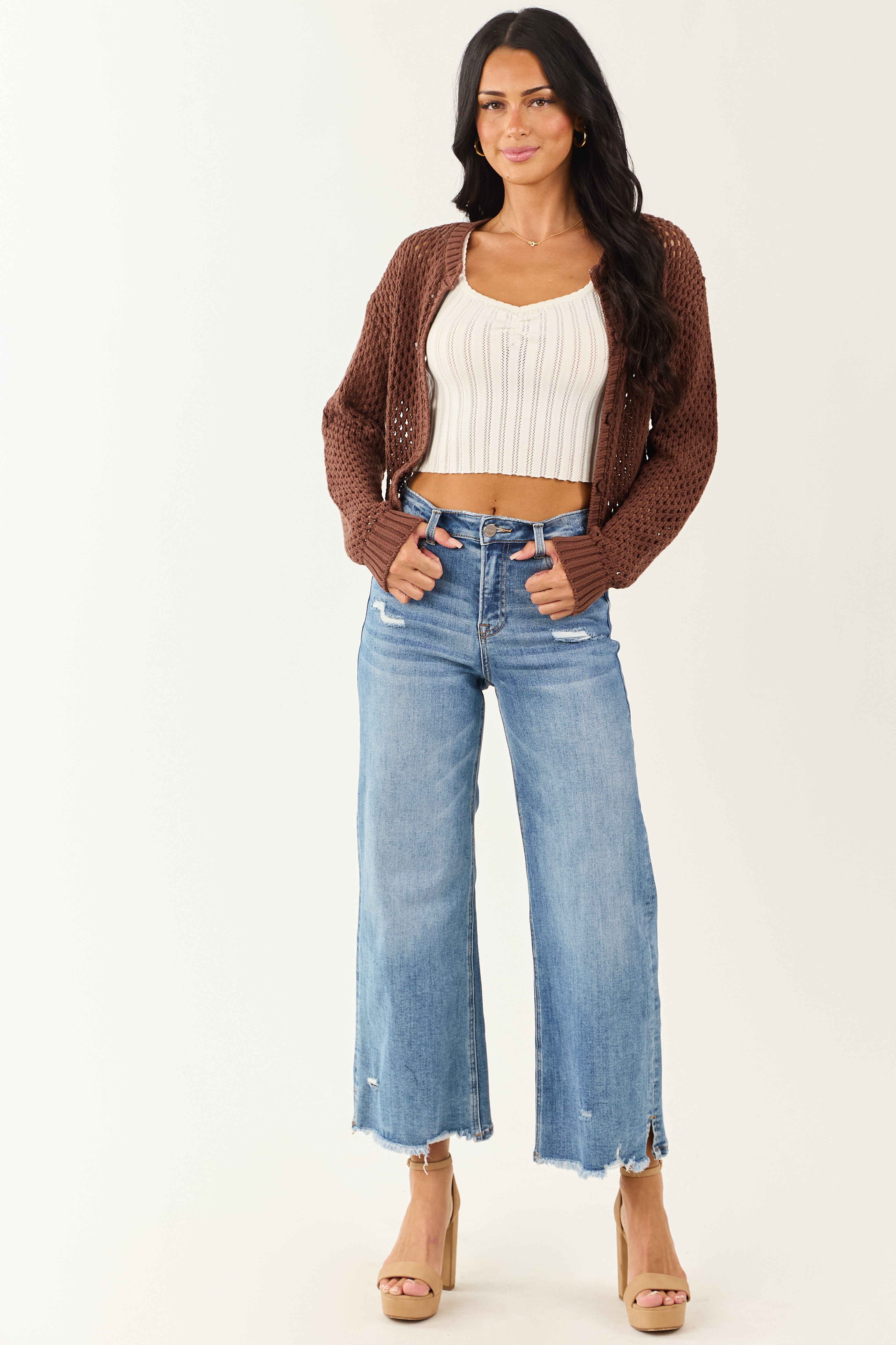 Coffee Open Knit Button Down Cardigan