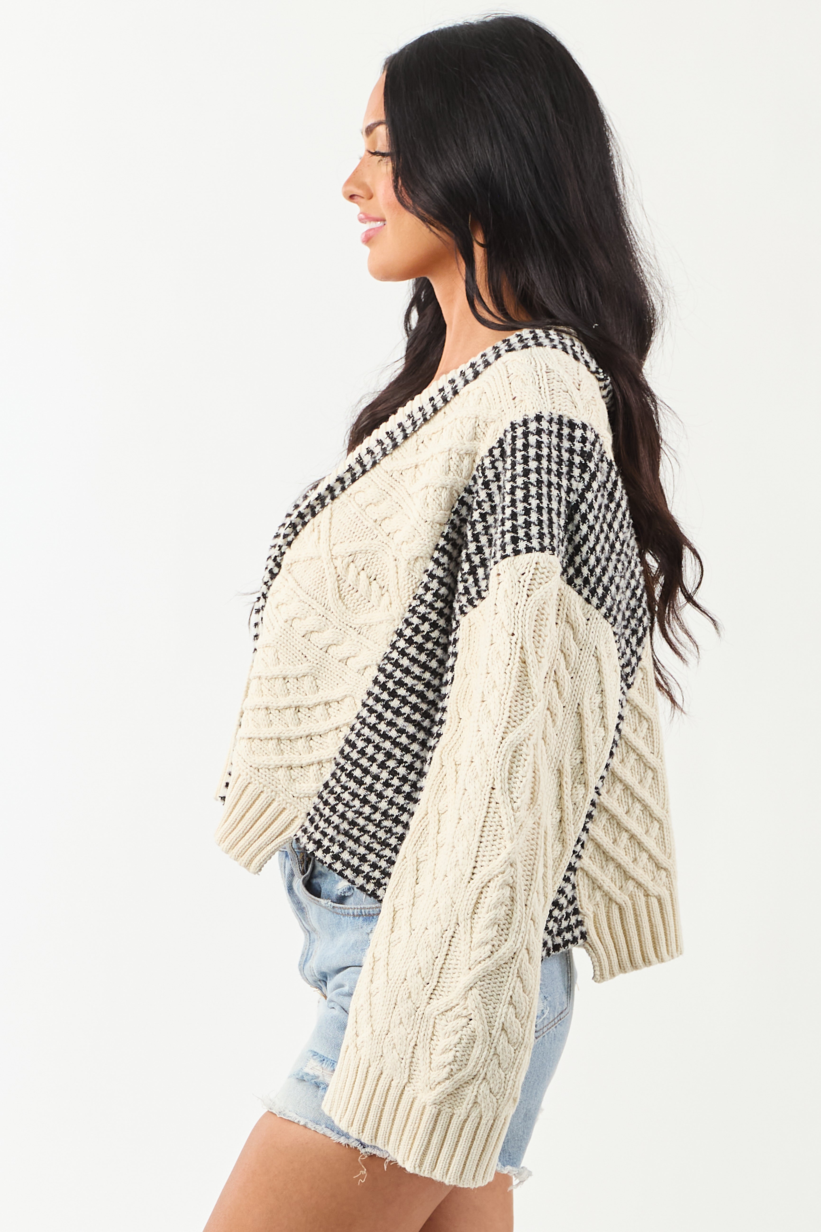 POL Ivory Cable Knit Houndstooth Contrast Cardigan