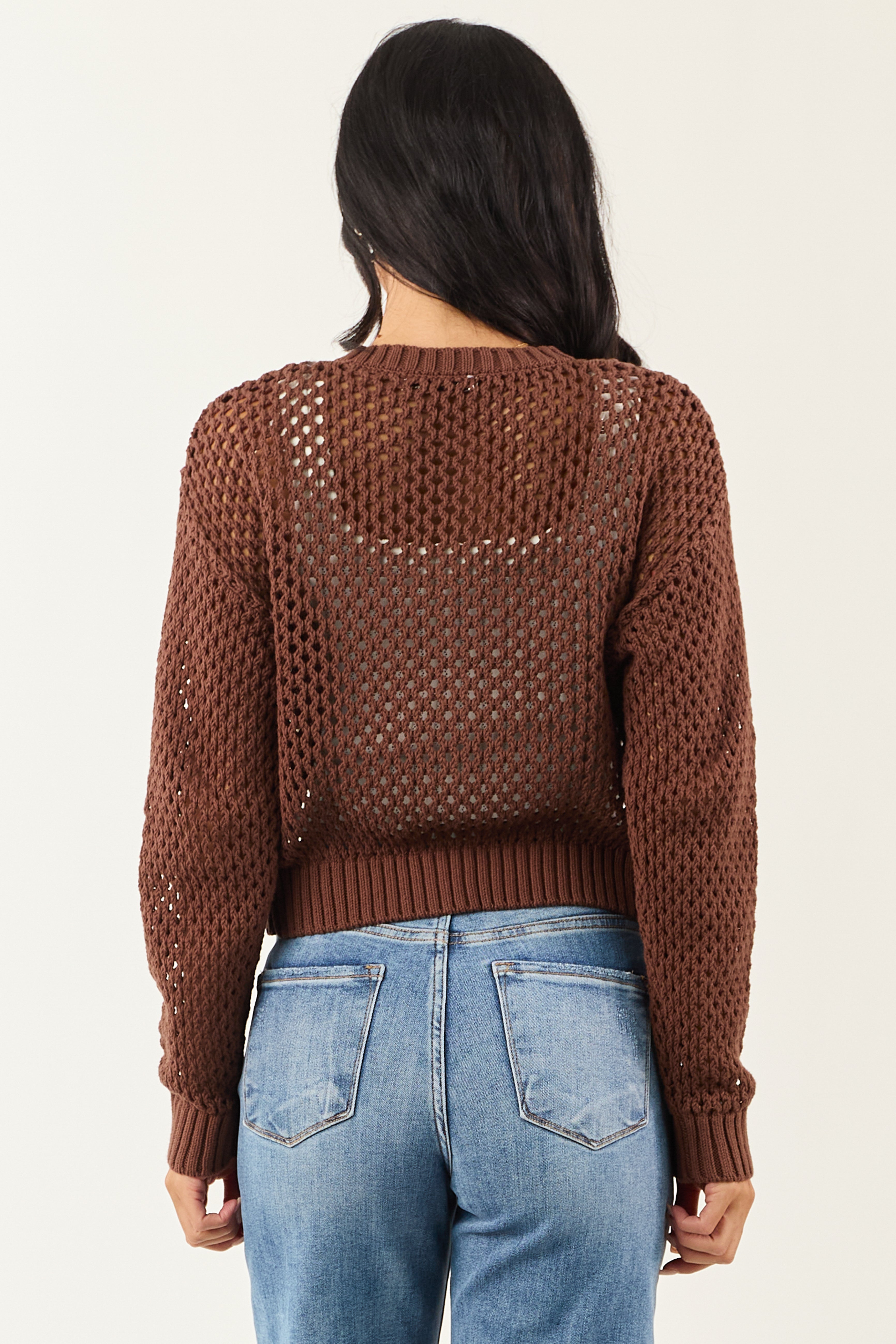 Coffee Open Knit Button Down Cardigan