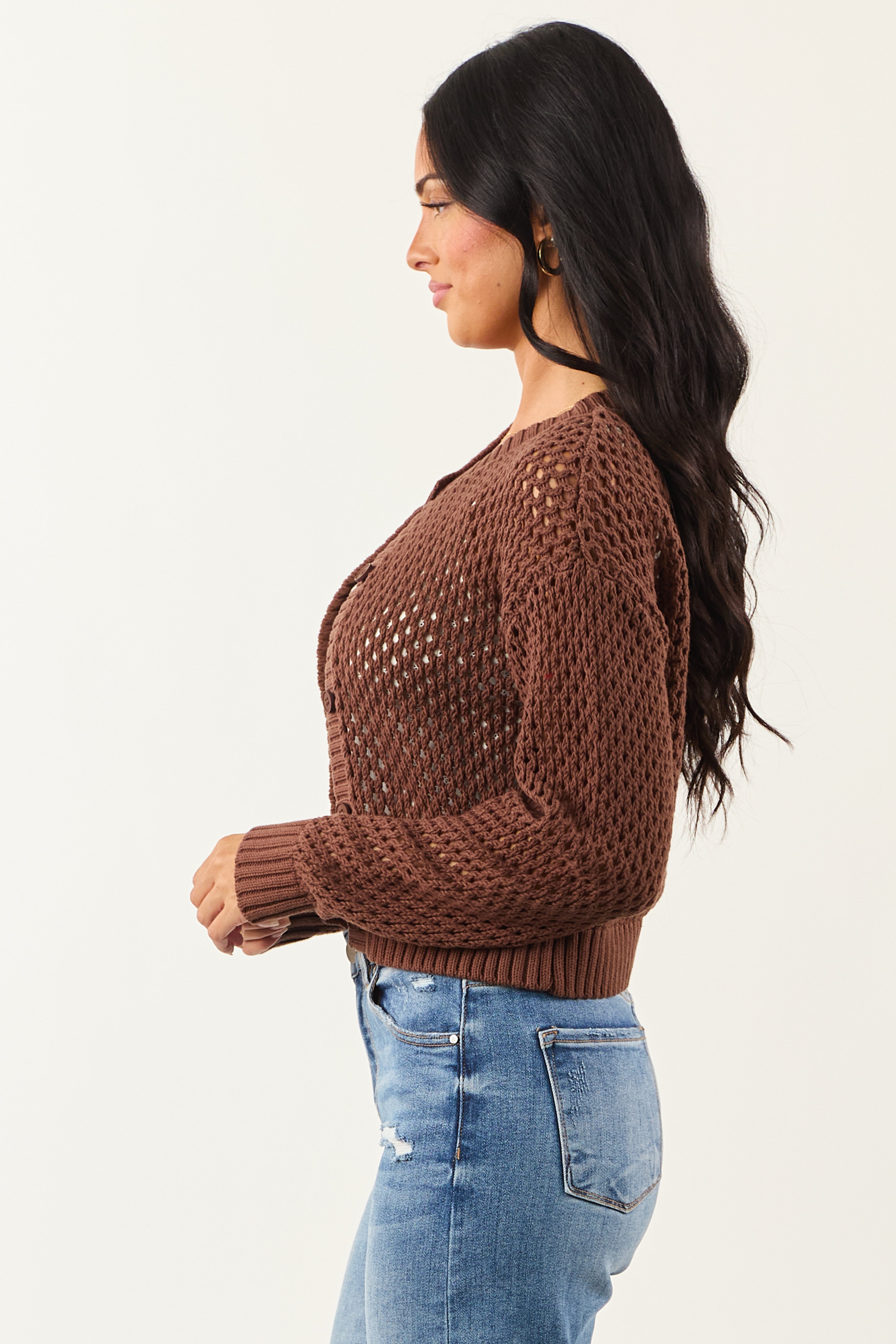 Coffee Open Knit Button Down Cardigan