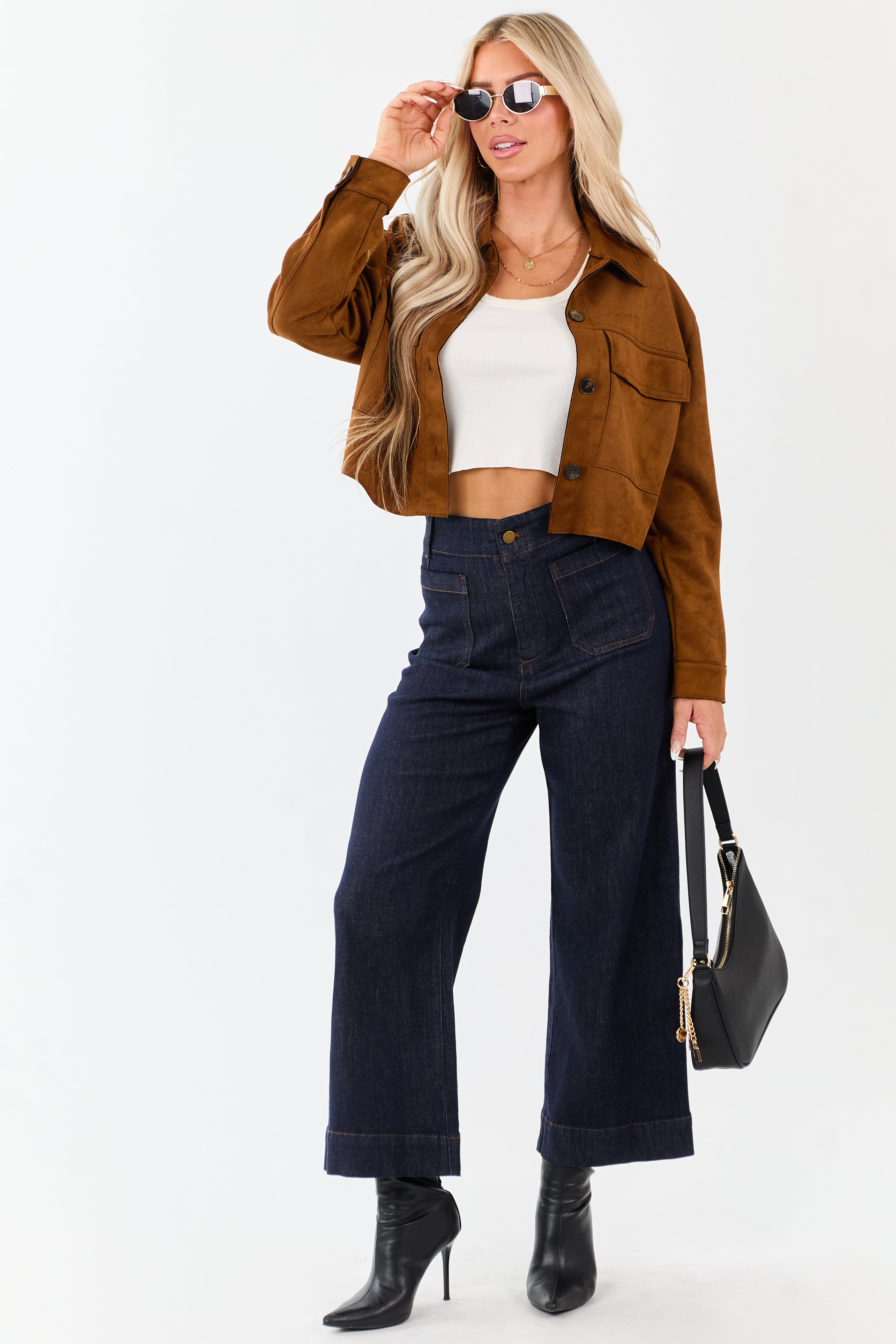 Cognac Faux Suede Button Down Collared Jacket