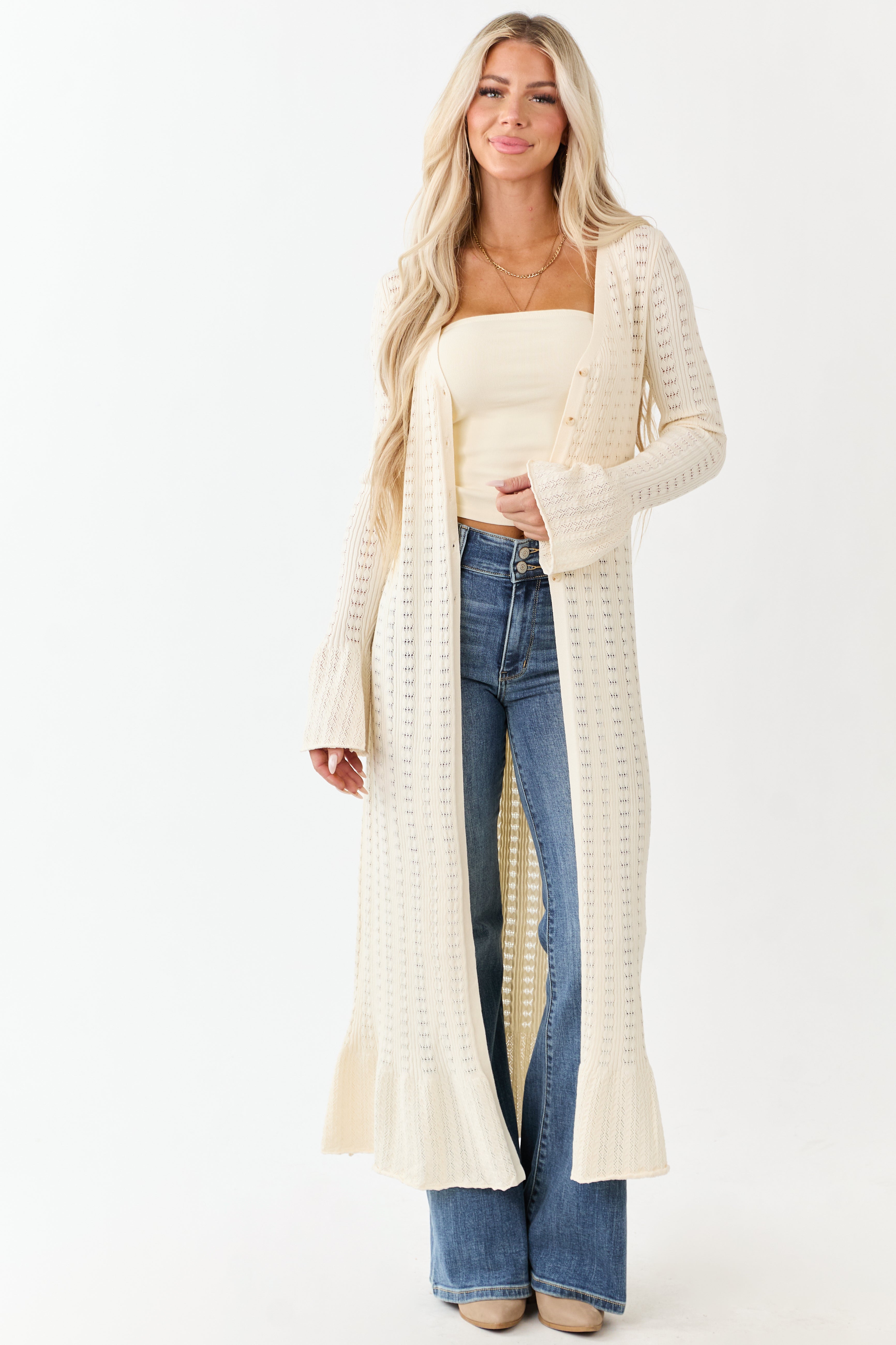 Cream Button Down Long Sleeve Duster Cardigan