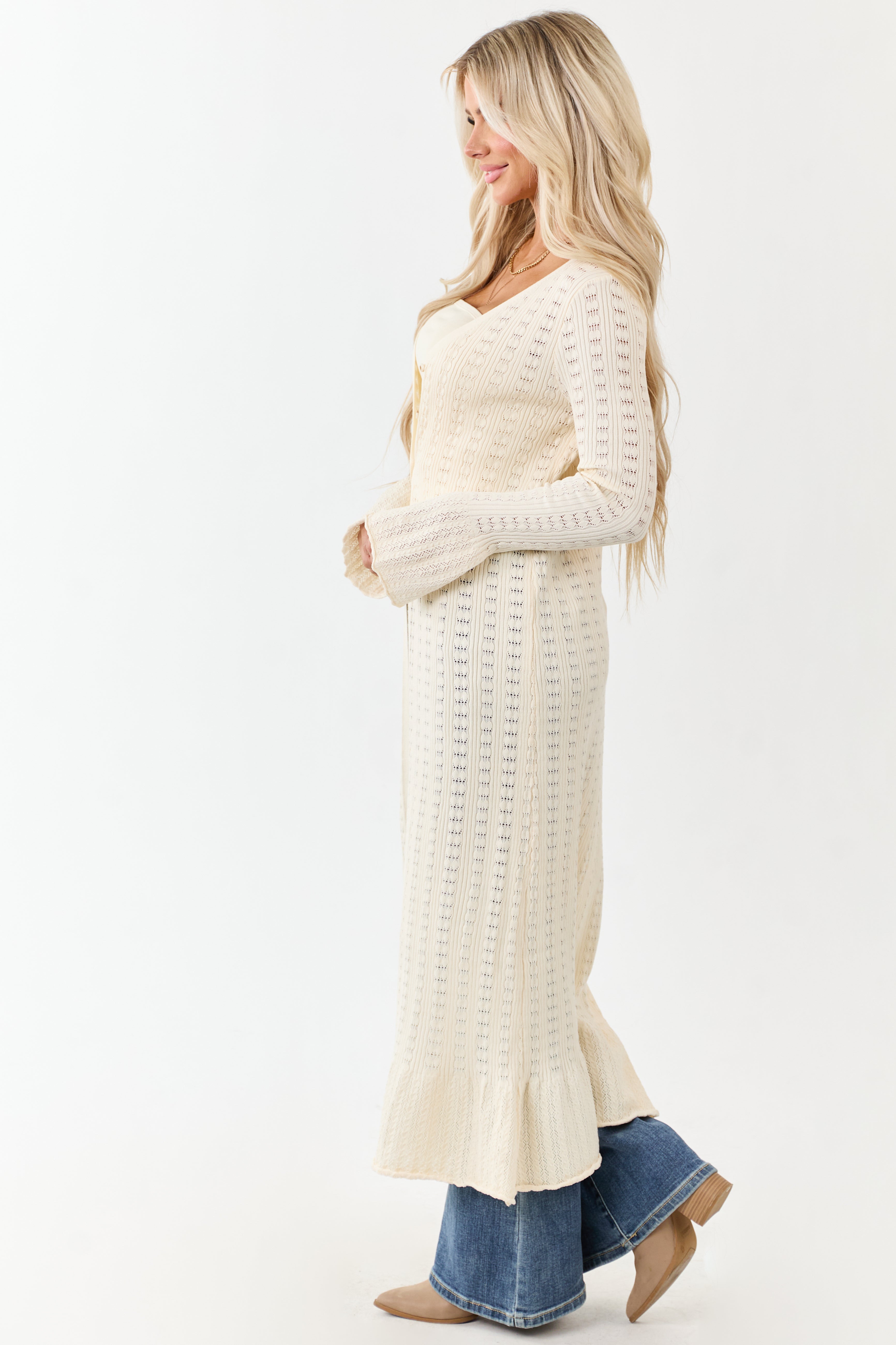 Cream Button Down Long Sleeve Duster Cardigan