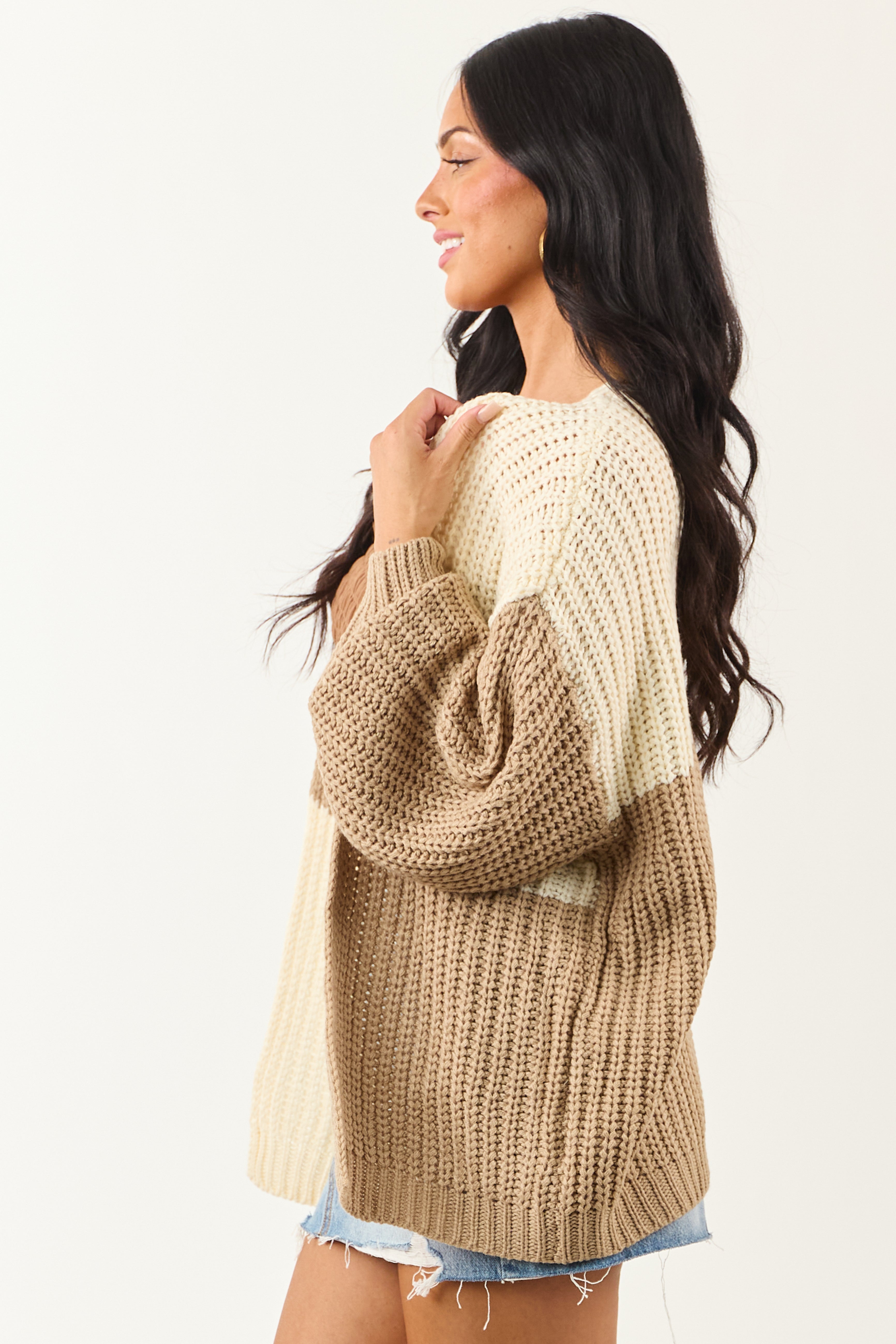 Cream and Latte Colorblock Open Front Cardigan