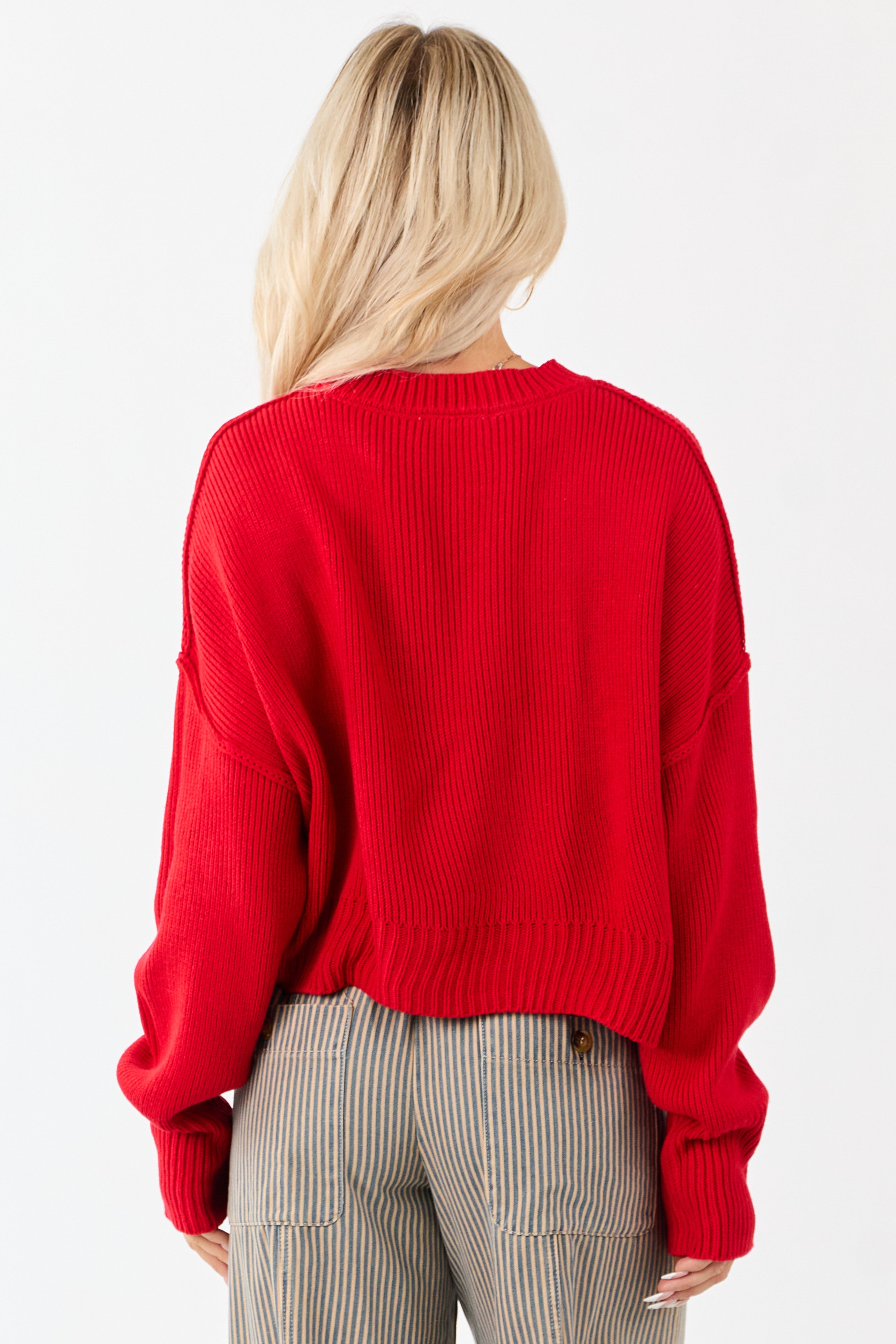 Lipstick Boxy Drop Shoulder Crop Rib Knit Sweater